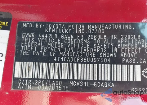 2006 Toyota Camry Solara Sle V6 z USA, uszkodzony, nr VIN 4T1CA30P86U097504